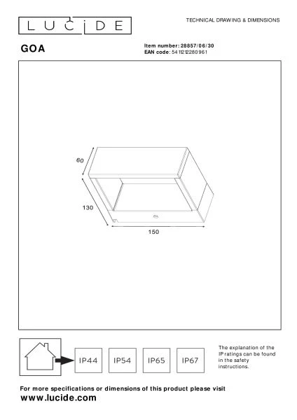 Lucide GOA - Applique murale Intérieur/Extérieur - LED - 1x10W 3000K - IP54 - Anthracite - technique